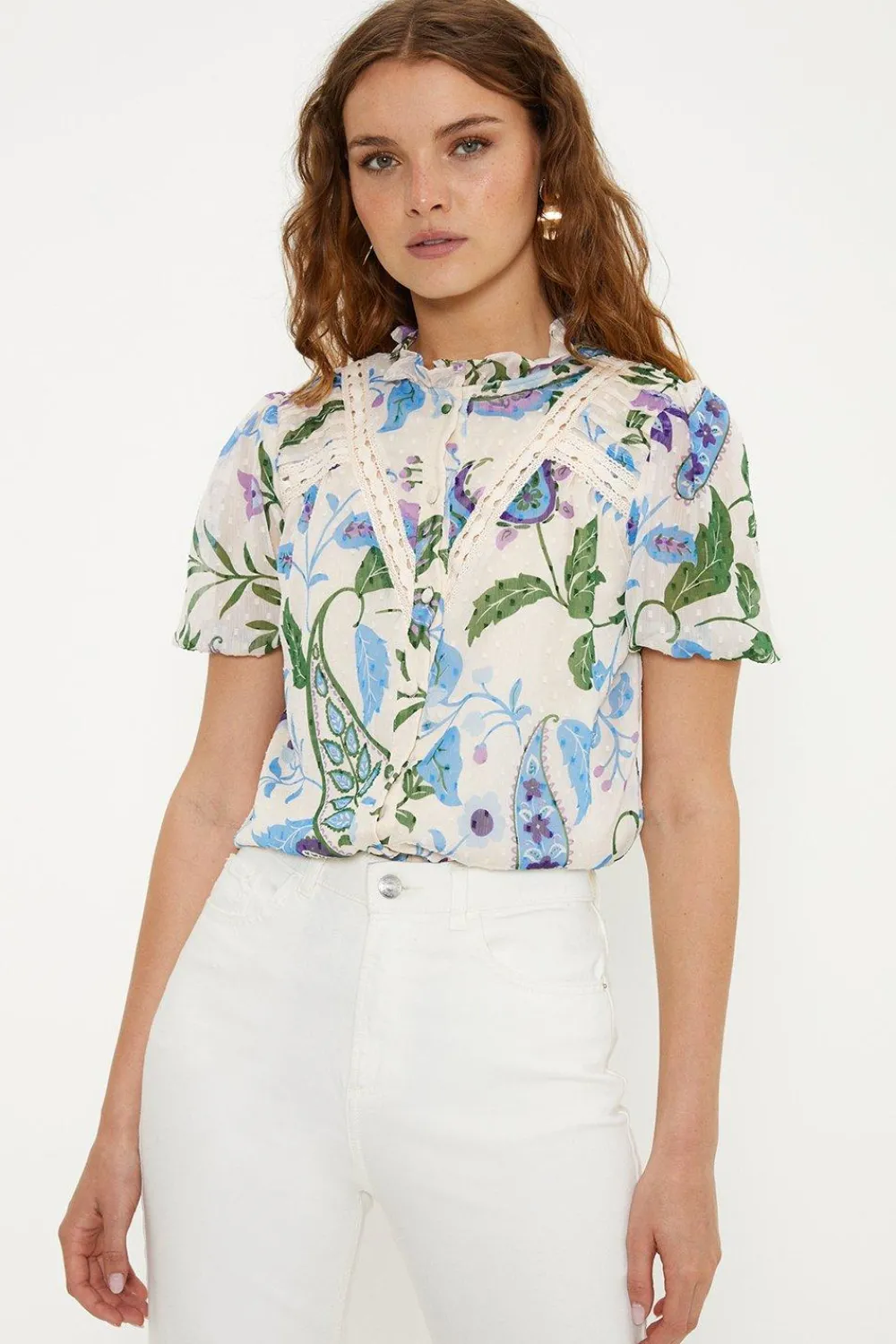 Outlet Oasis Lace Trim Dobby Chiffon Floral Print Blouse Ivory