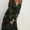 Best Oasis Lace Trim Dobby Chiffon Floral Print Midi Dress Black