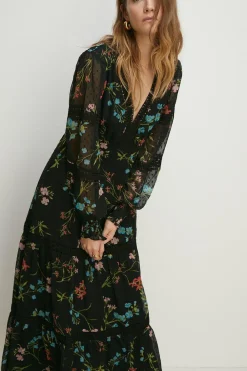 Best Oasis Lace Trim Dobby Chiffon Floral Print Midi Dress Black