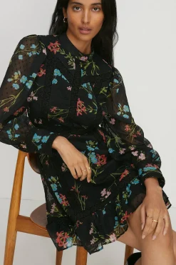 Fashion Oasis Lace Trim Dobby Chiffon Floral Print Skater Dress Multi
