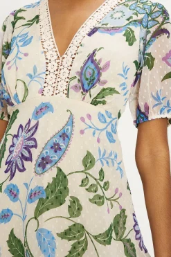 Clearance Oasis Lace Trim Dobby Chiffon Floral Print Midi Dress Ivory