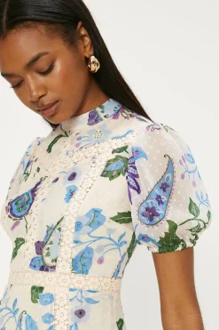 Best Oasis Lace Trim Dobby Chiffon Floral Print Skater Dress Ivory