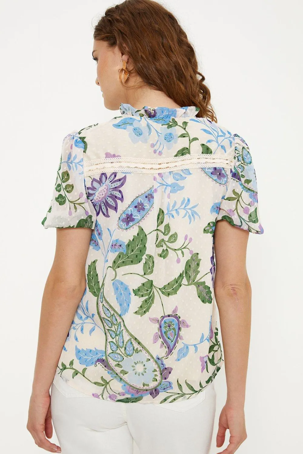 Outlet Oasis Lace Trim Dobby Chiffon Floral Print Blouse Ivory