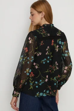 Hot Oasis Lace Trim Dobby Chiffon Floral Print Blouse Black