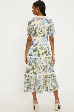 Clearance Oasis Lace Trim Dobby Chiffon Floral Print Midi Dress Ivory