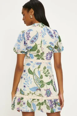 Best Oasis Lace Trim Dobby Chiffon Floral Print Skater Dress Ivory