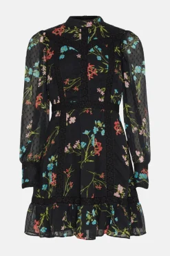 Fashion Oasis Lace Trim Dobby Chiffon Floral Print Skater Dress Multi