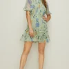 Discount Oasis Lace Trim Dobby Floral Chiffon Skater Dress Sage