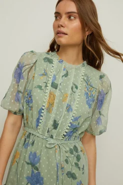 Discount Oasis Lace Trim Dobby Floral Chiffon Skater Dress Sage