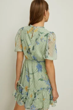 Discount Oasis Lace Trim Dobby Floral Chiffon Skater Dress Sage