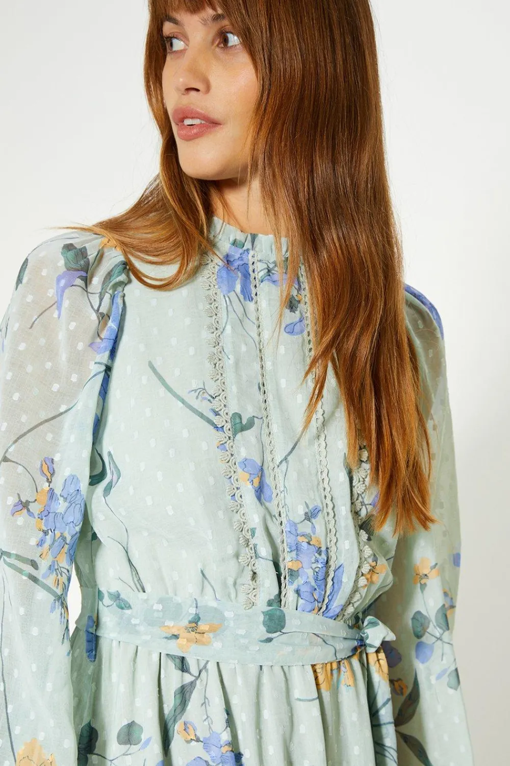 Best Oasis Lace Trim Eastern Dobby Floral Midi Dress Sage