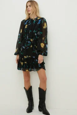 New Oasis Lace Trim Eastern Floral Dobby Chiffon Long Sleeve Skater Dress Black