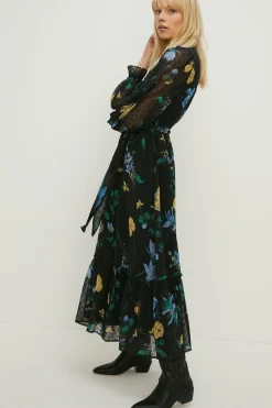 Outlet Oasis Lace Trim Eastern Floral Dobby Chiffon Dress Black