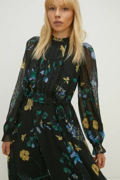 Outlet Oasis Lace Trim Eastern Floral Dobby Chiffon Dress Black