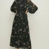 New Oasis Lace Trim Floral Dobby Chiffon Dress Black