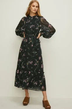 New Oasis Lace Trim Floral Dobby Chiffon Dress Black