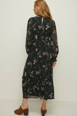 New Oasis Lace Trim Floral Dobby Chiffon Dress Black