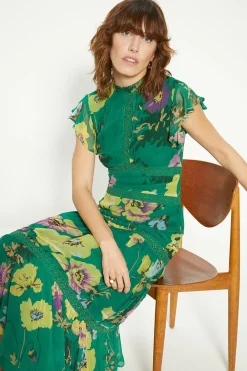 Online Oasis Lace Trim High Neck Chiffon Floral Midi Dress Green