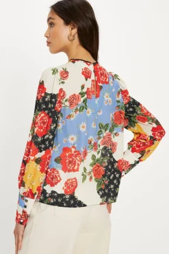 Fashion Oasis Lace Trim Long Sleeve Floral Print Blouse Multi