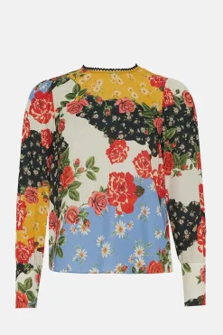 Fashion Oasis Lace Trim Long Sleeve Floral Print Blouse Multi