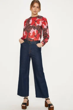 Fashion Oasis Lace Trim Long Sleeve Printed Blouse Multi