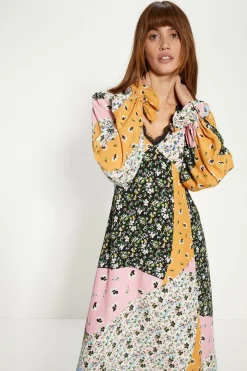 Clearance Oasis Lace Trim Patched Floral Print Midi Dress Multi