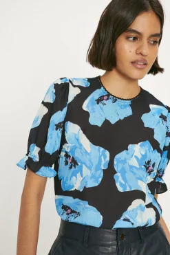New Oasis Lace Trim Short Sleeve Printed Blouse Blue
