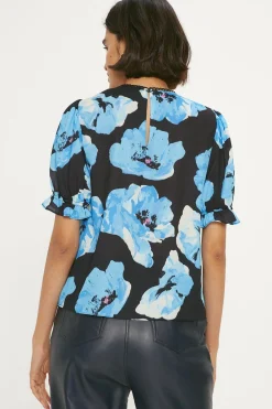 New Oasis Lace Trim Short Sleeve Printed Blouse Blue