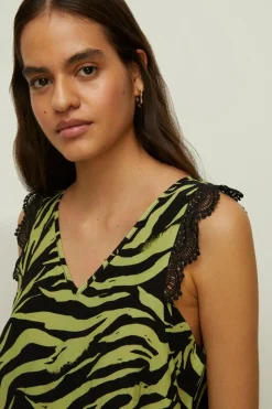 New Oasis Lace Trim Zebra Printed Vest Black