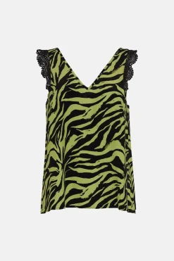 New Oasis Lace Trim Zebra Printed Vest Black