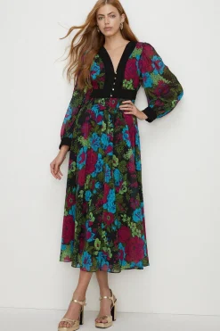 Discount Oasis Lace V Neck Dobby Midaxi Dress Floral