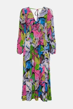 Fashion Oasis Large Floral Beaded Tassel V Neck Midi Dress Multi