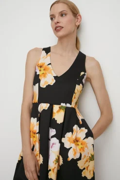 Sale Oasis Large Floral Cross Back Scuba Midi Dress Black