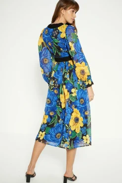 Best Oasis Large Floral Dobby V Neck Midi Dress Blue