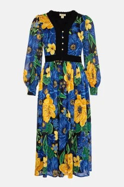 Best Oasis Large Floral Dobby V Neck Midi Dress Blue