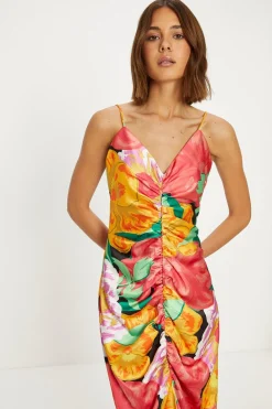 Hot Oasis Large Floral Ruched Satin Slip Dress Orange