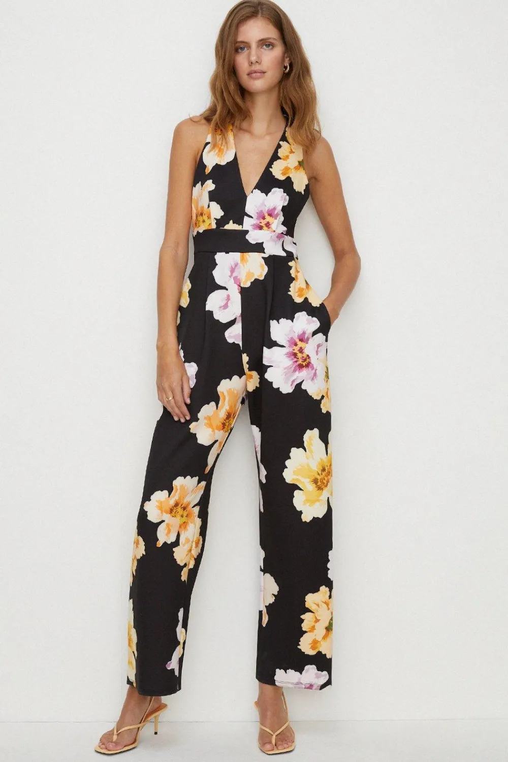 Hot Oasis Large Floral Scuba V Neck Jumpsuit Black