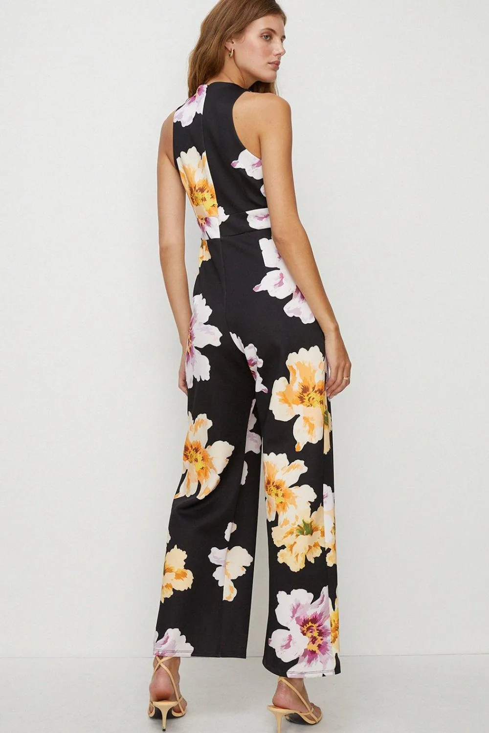 Hot Oasis Large Floral Scuba V Neck Jumpsuit Black