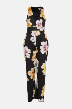 Hot Oasis Large Floral Scuba V Neck Jumpsuit Black