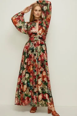 Clearance Oasis Large Rose Metallic Cut Out Maxi Dress Red