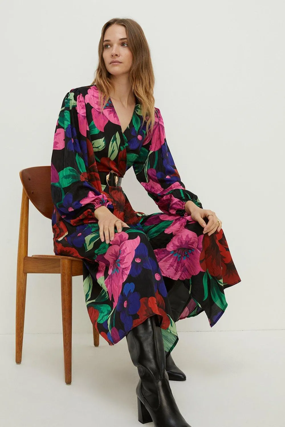 New Oasis Large Scale Bold Floral Wrap Midi Dress Multi