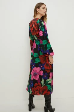 New Oasis Large Scale Bold Floral Wrap Midi Dress Multi