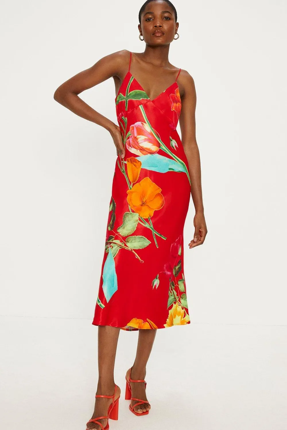 Sale Oasis Large Scale Floral Satin Slip Dress Red