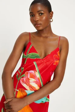 Sale Oasis Large Scale Floral Satin Slip Dress Red
