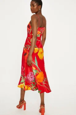 Sale Oasis Large Scale Floral Satin Slip Dress Red