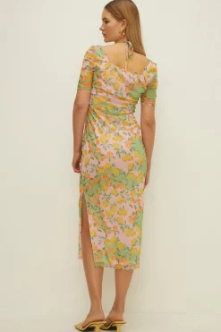Outlet Oasis Laura Whitmore Fruit Print Keyhole Front Mesh Midi Dress Multi