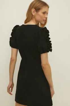 Best Oasis Laura Whitmore Stretch Denim Ruffle Sleeve Shift Dress Black