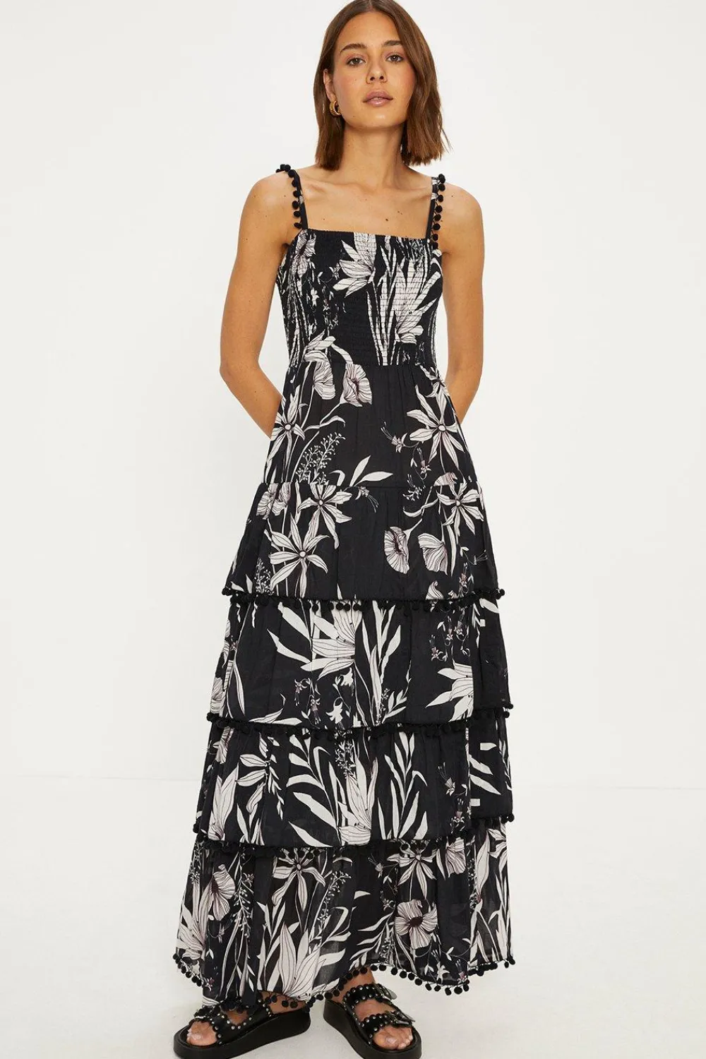 Outlet Oasis Leaf Pom Pom Trim Tiered Midi Dress Mono