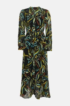 Hot Oasis Leafy Floral Belted Midi Shirt Dress Multi