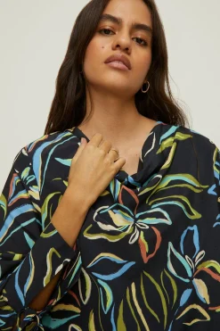 Fashion Oasis Leafy Floral Long Sleeve Cowl Neck Top Black
